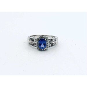 Estate Sterling Silver 925 Cushion Blue Stone Ring Size 6.75 Halo Accent 3.4g